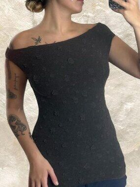 Enigma Italy charcoal gray asymmetrical knit textured 90s mini dress bubble top